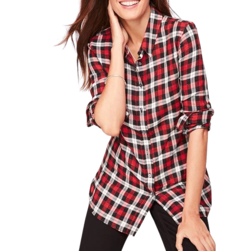 Talbots Classic Cotton Button‎ Down Shirt Size XS Xsmall Red Pop Plaid
